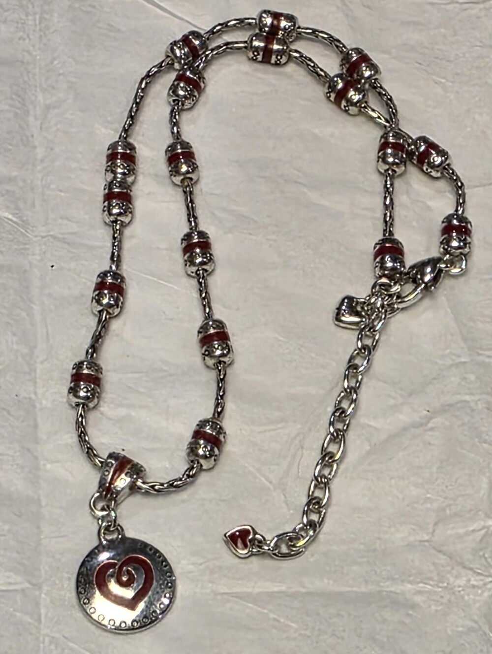 Brighton Silver Tone Red Enamel Heart Pendant Bead Station Necklace Adjustable